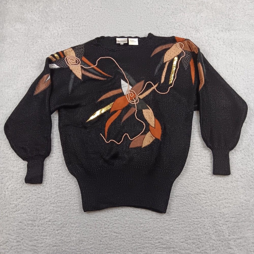 VTG Madeleine Sweater Women M Black Leather Beaded Mixed Media Floral Puff Slv